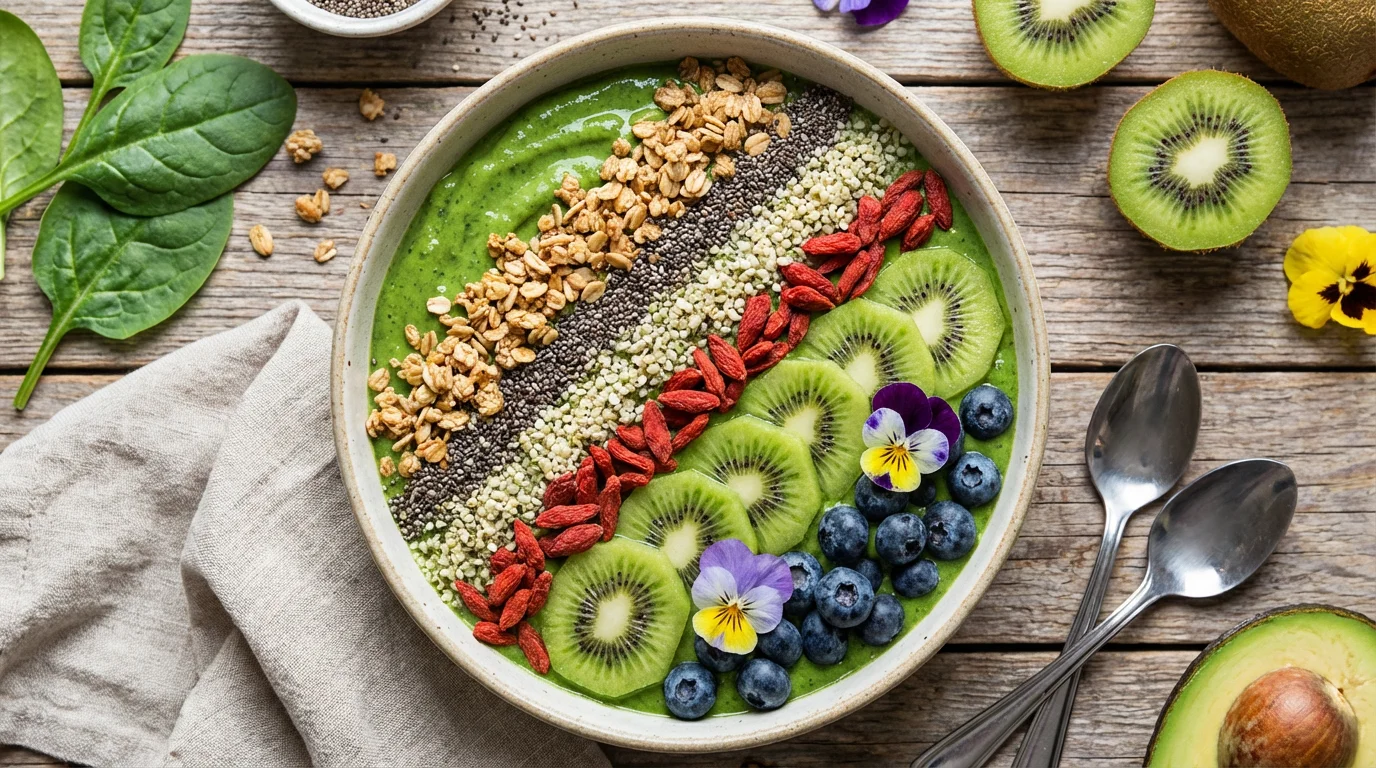Färsk smoothiebowl med gröna grönsaker och superfoods