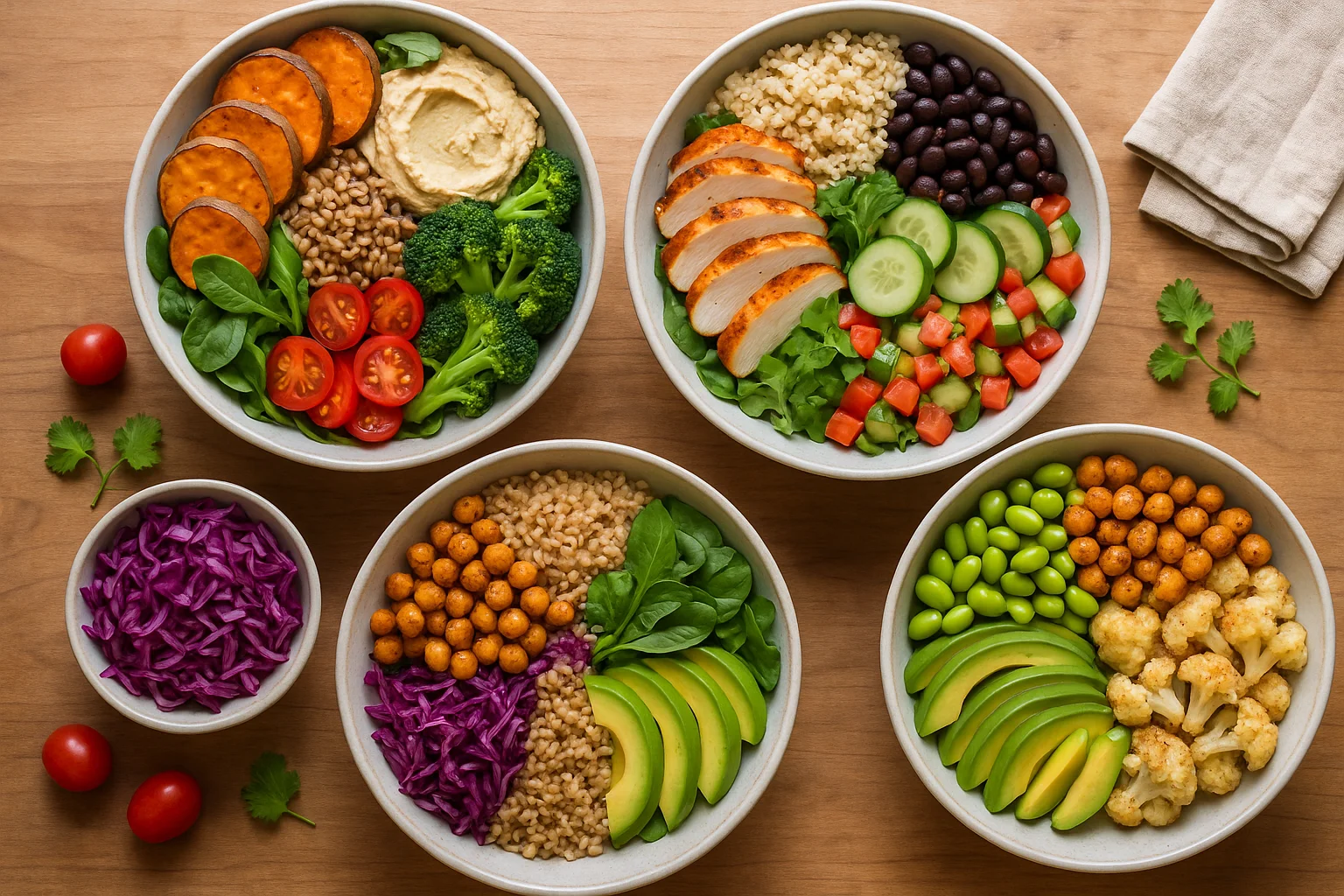 Färgstarka matskålar på ett träbord